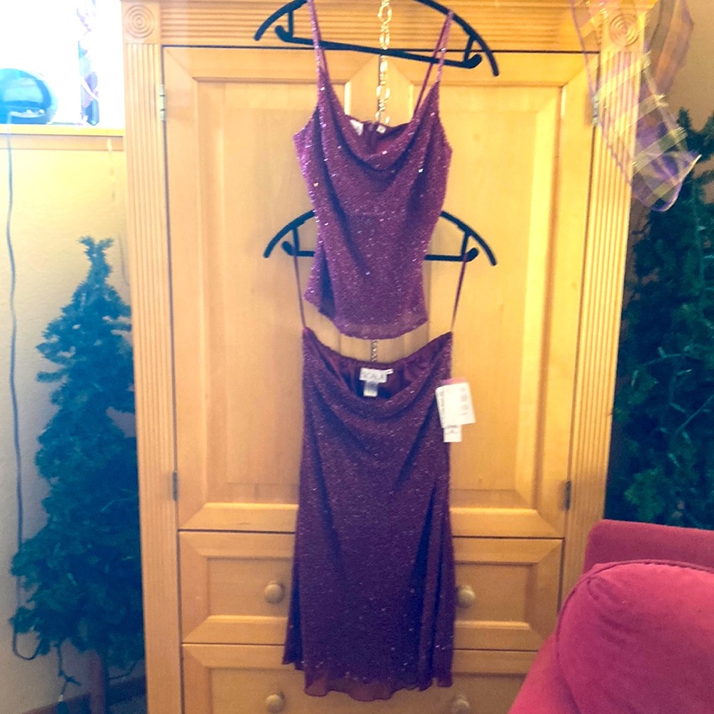 Scala burgundy, cranberry Medium beaded, 100 % silk two piece dress.